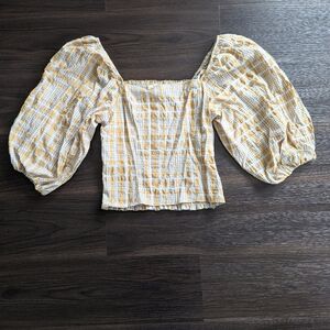 Anthropologie Maeve Yellow Plaid Square-Neck Blouse Puff Sleeves Size Medium